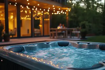 Outdoor hot tub with string lights at dusk.