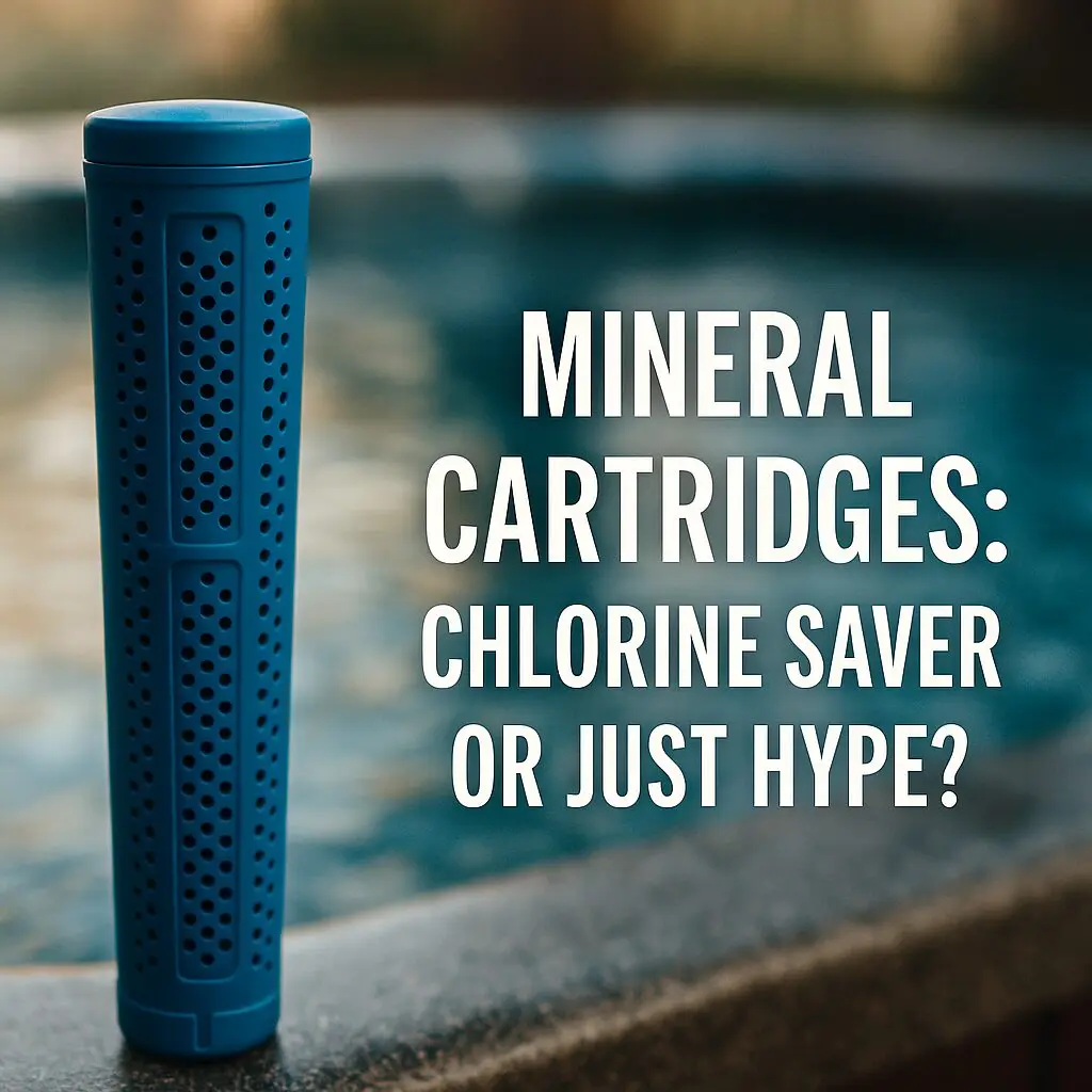 Blue mineral cartridge near a swimming pool.
