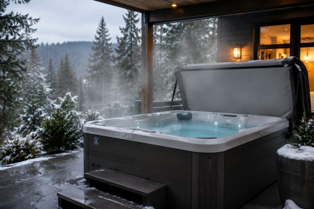 Covered outdoor hot tub operating during a cold Washington winter