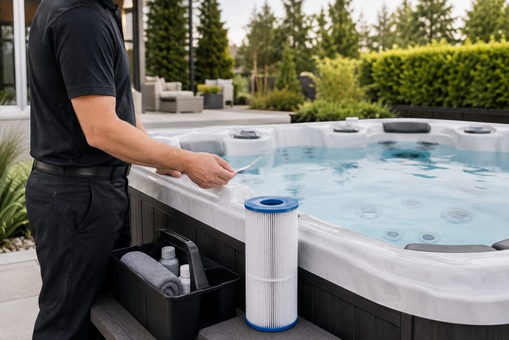 Professional technician maintaining clean hot tub water in King County