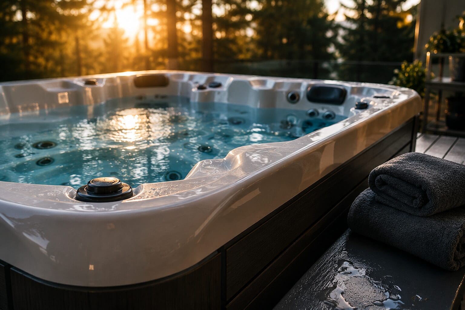 Brand new hot tub filled with clean water during professional new hot tub startup and maintenance