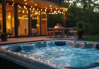 240_F_1410969125_uJuwEVQPYU1PeDL23ZzB75qDvrqBW Outdoor hot tub with string lights at dusk.