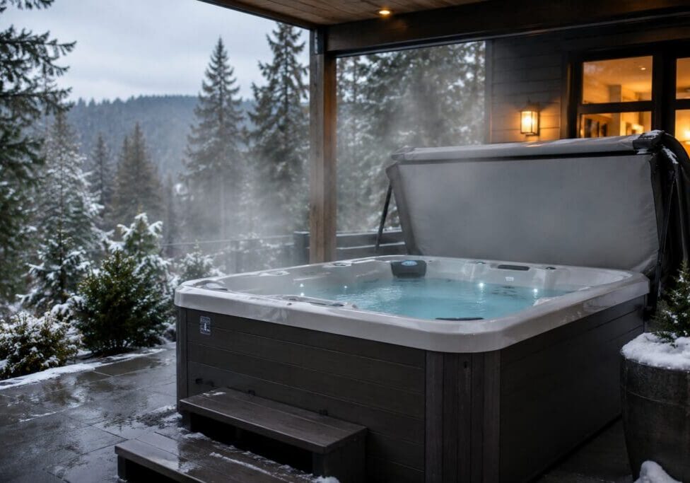 Covered outdoor hot tub operating during a cold Washington winter